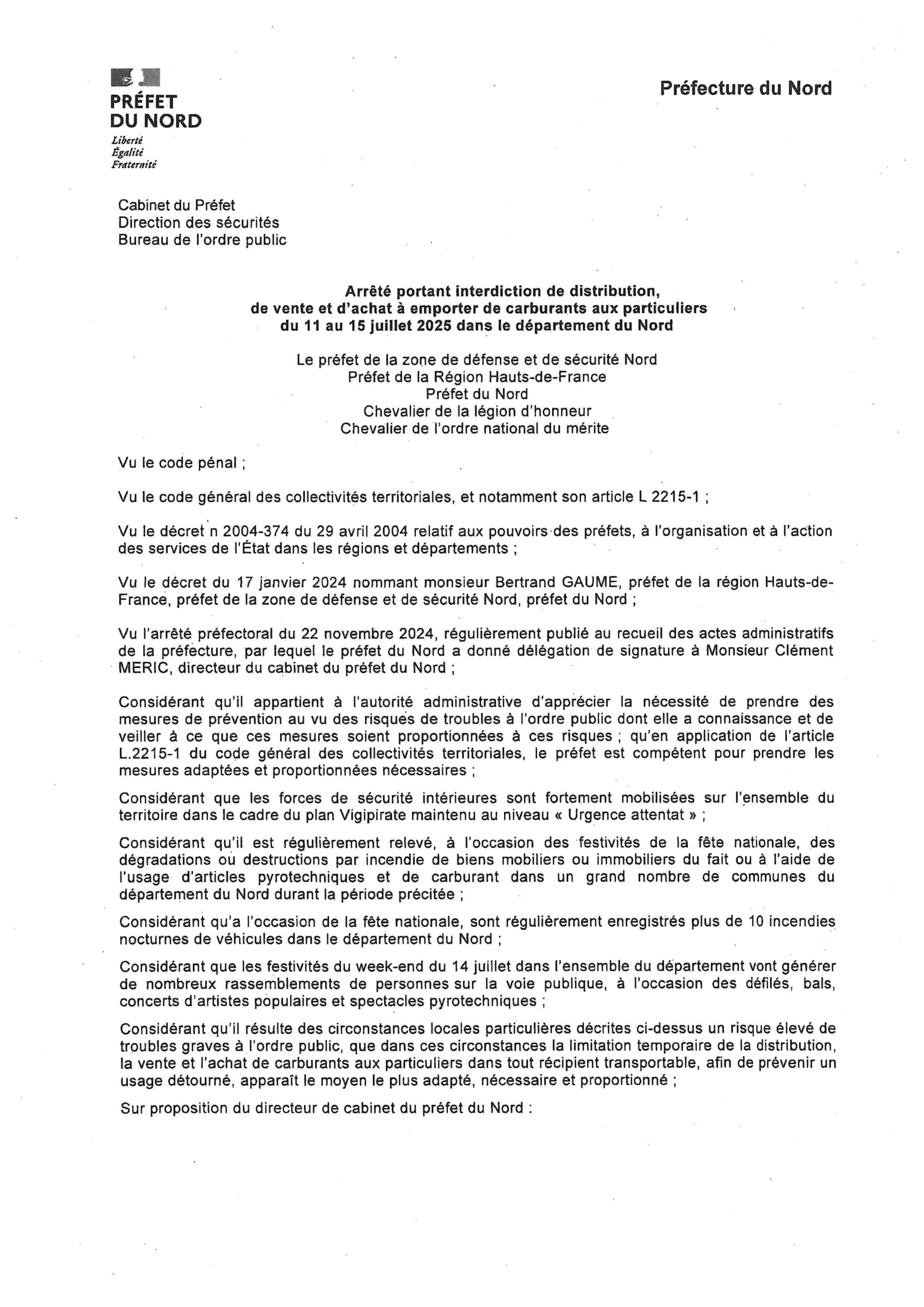 Arrêté carburant 2025