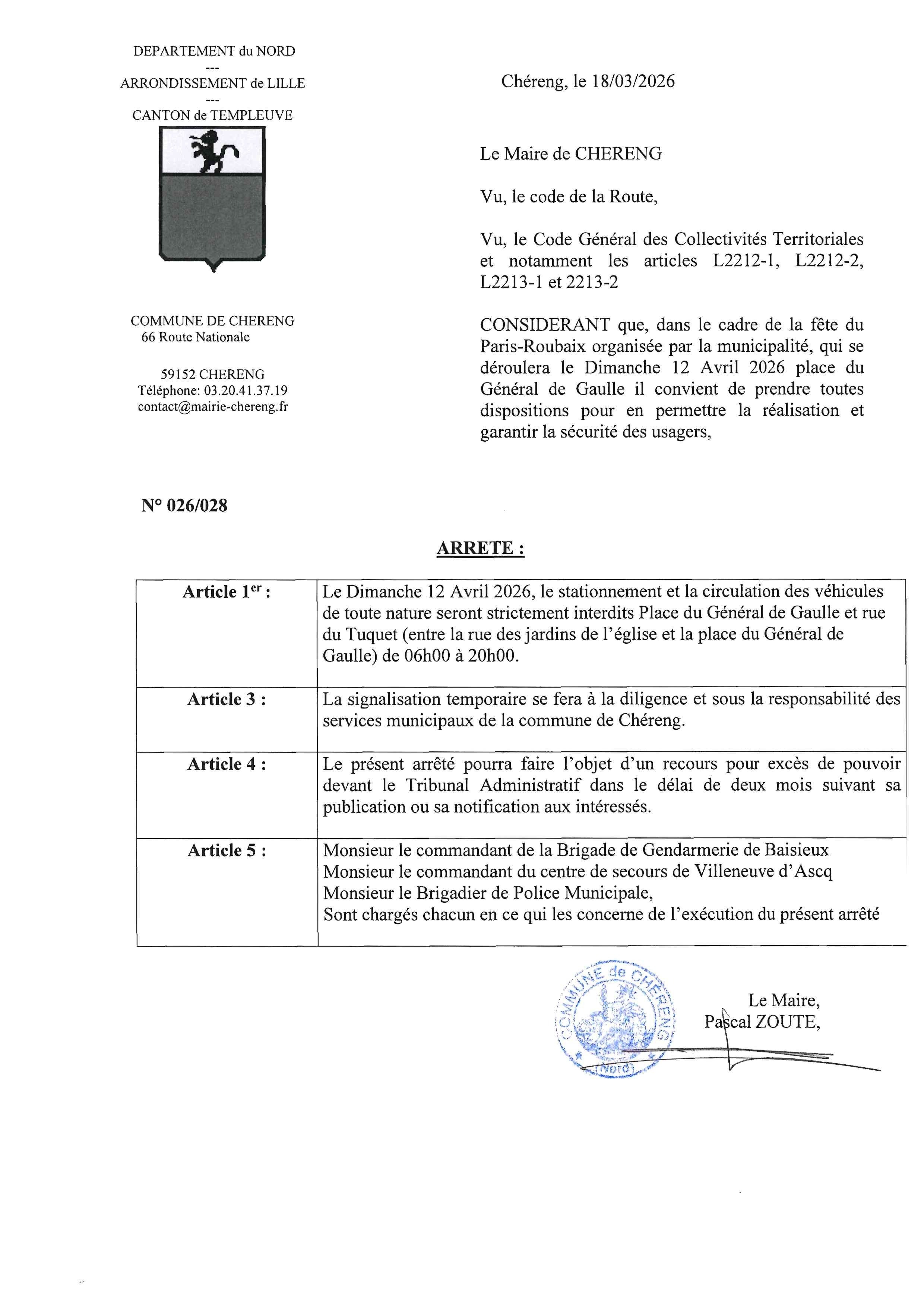 Arrêté fête Paris-Roubaix 2026