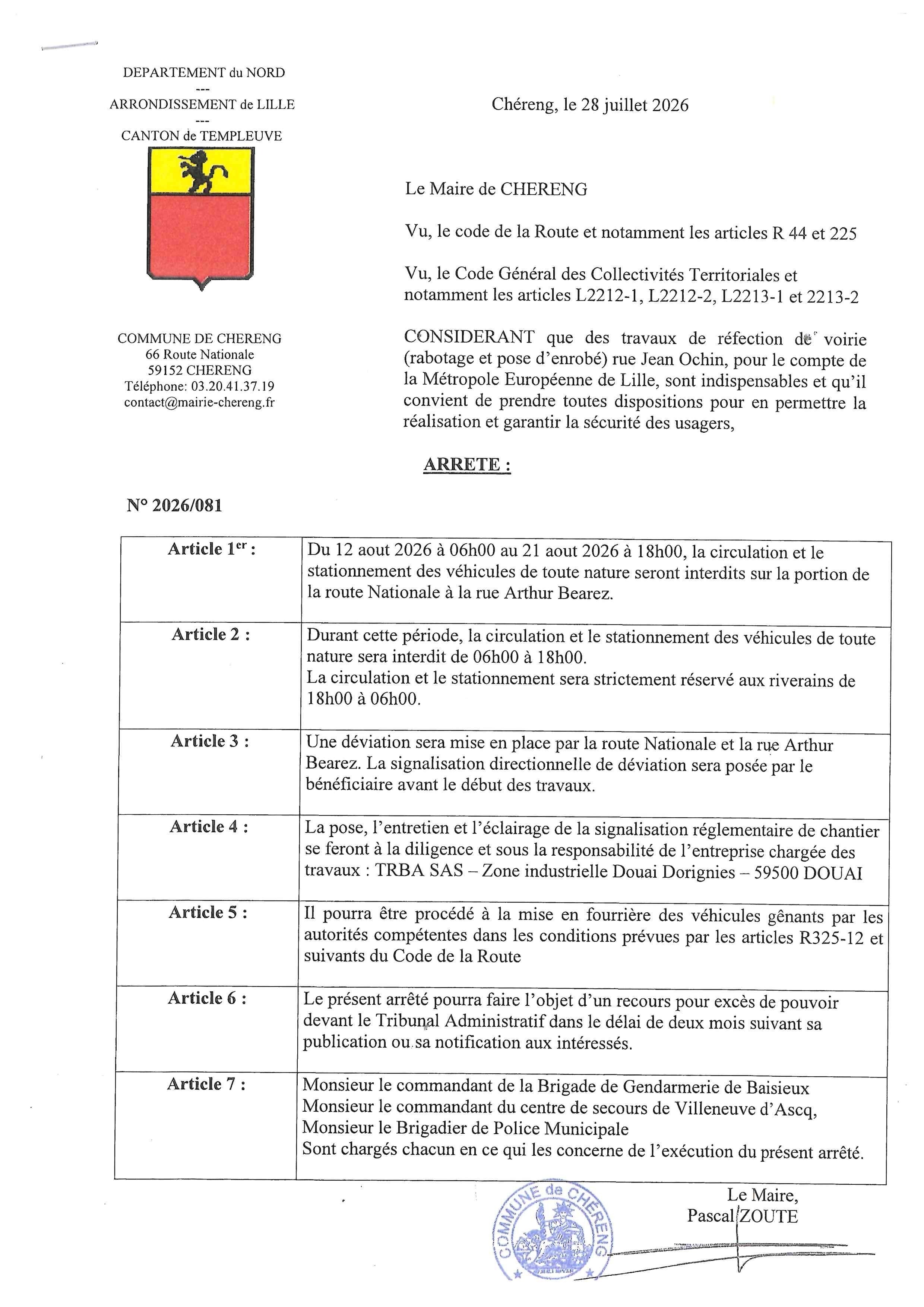Arrêté travaux de voirie rue Jean Ochin du 12.08 au 21.08.2026