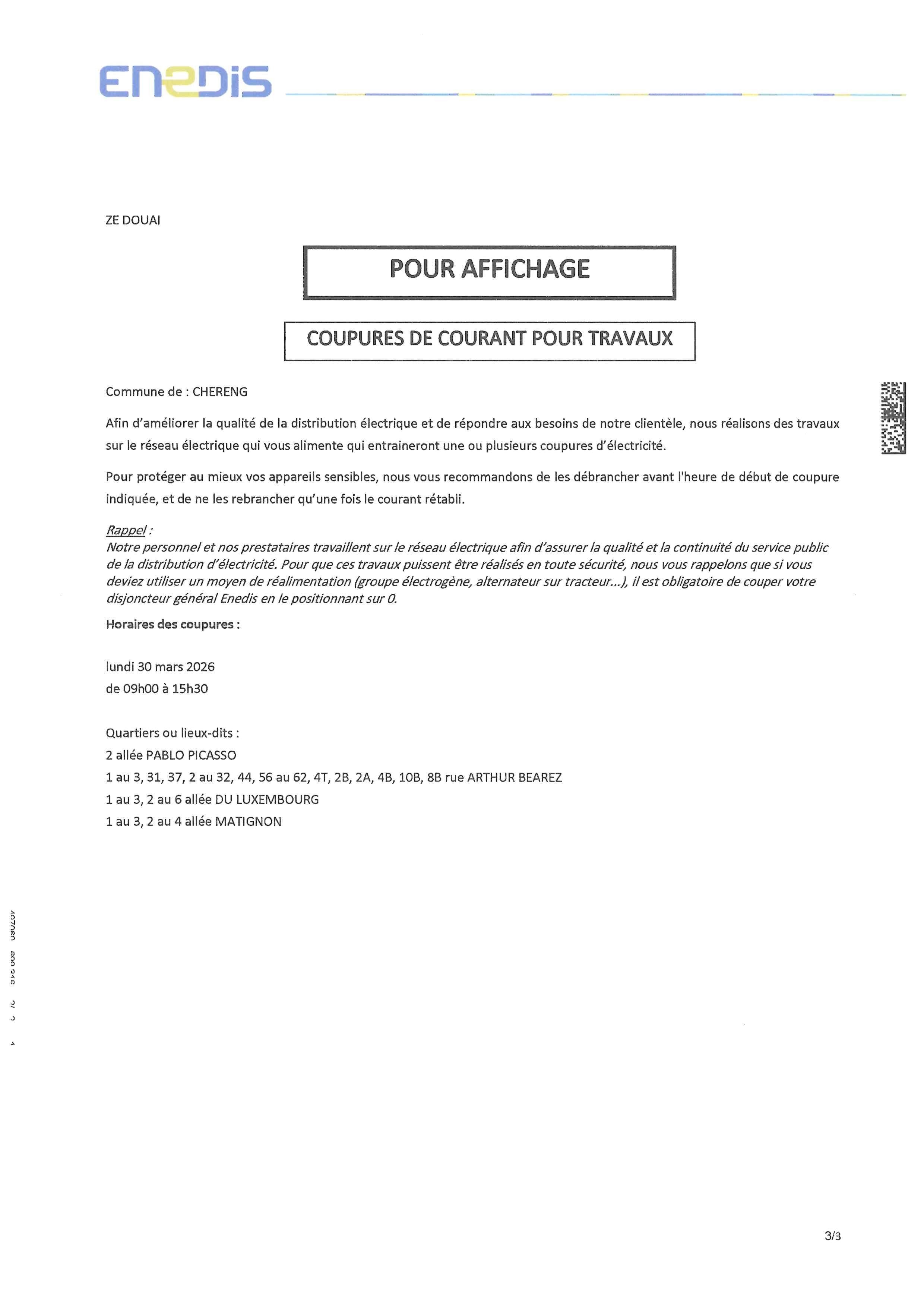 Avis coupure de courant le 30.03.2026