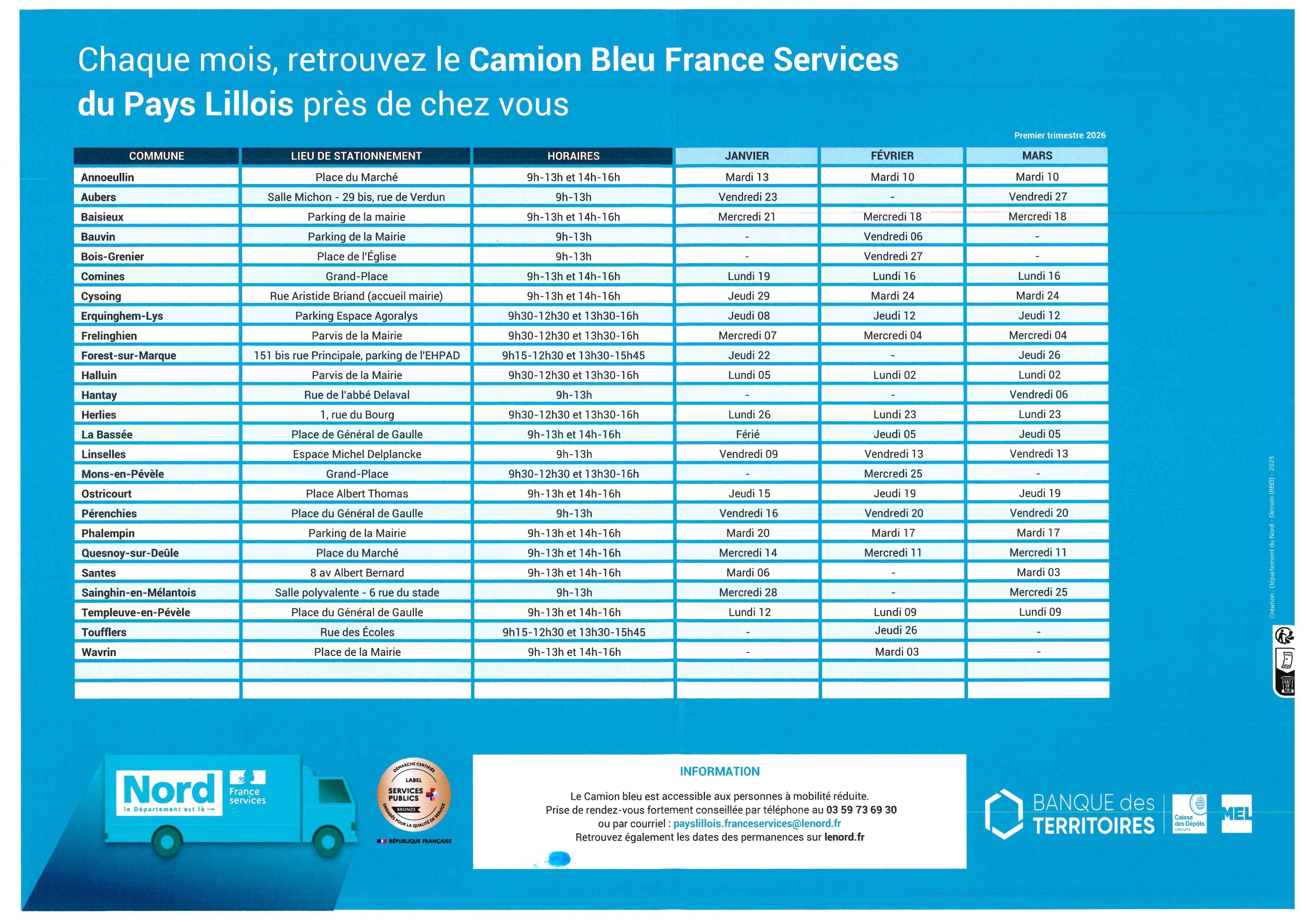 Camion bleu janvier à mars 2026