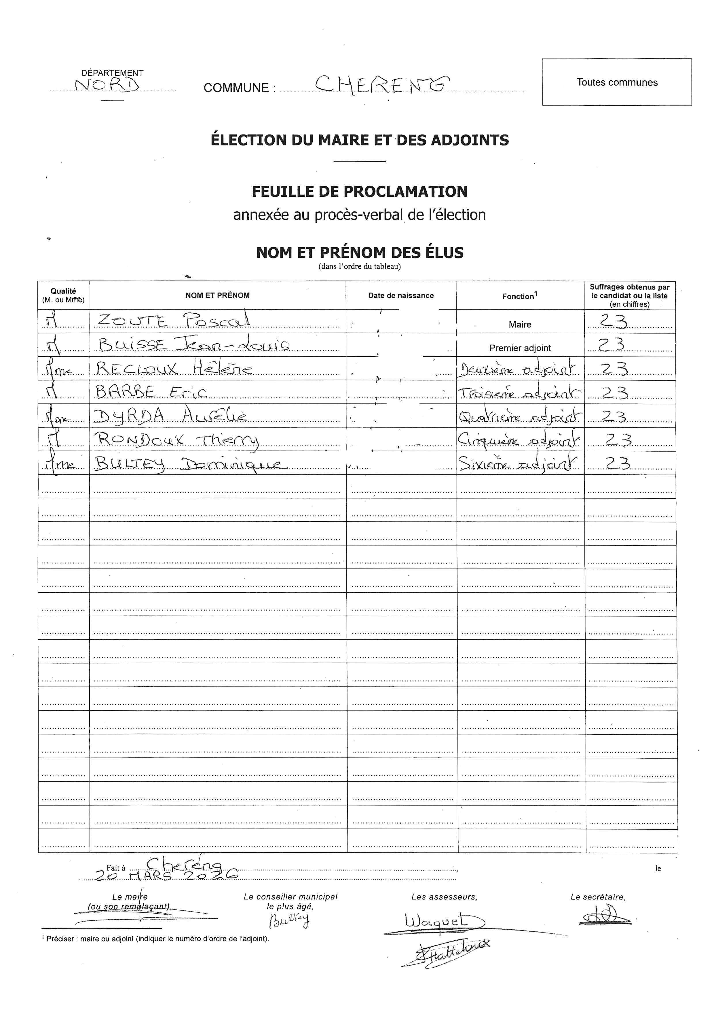 FEUILLE PROCLAMATION MAIRE ET ADJOINTS