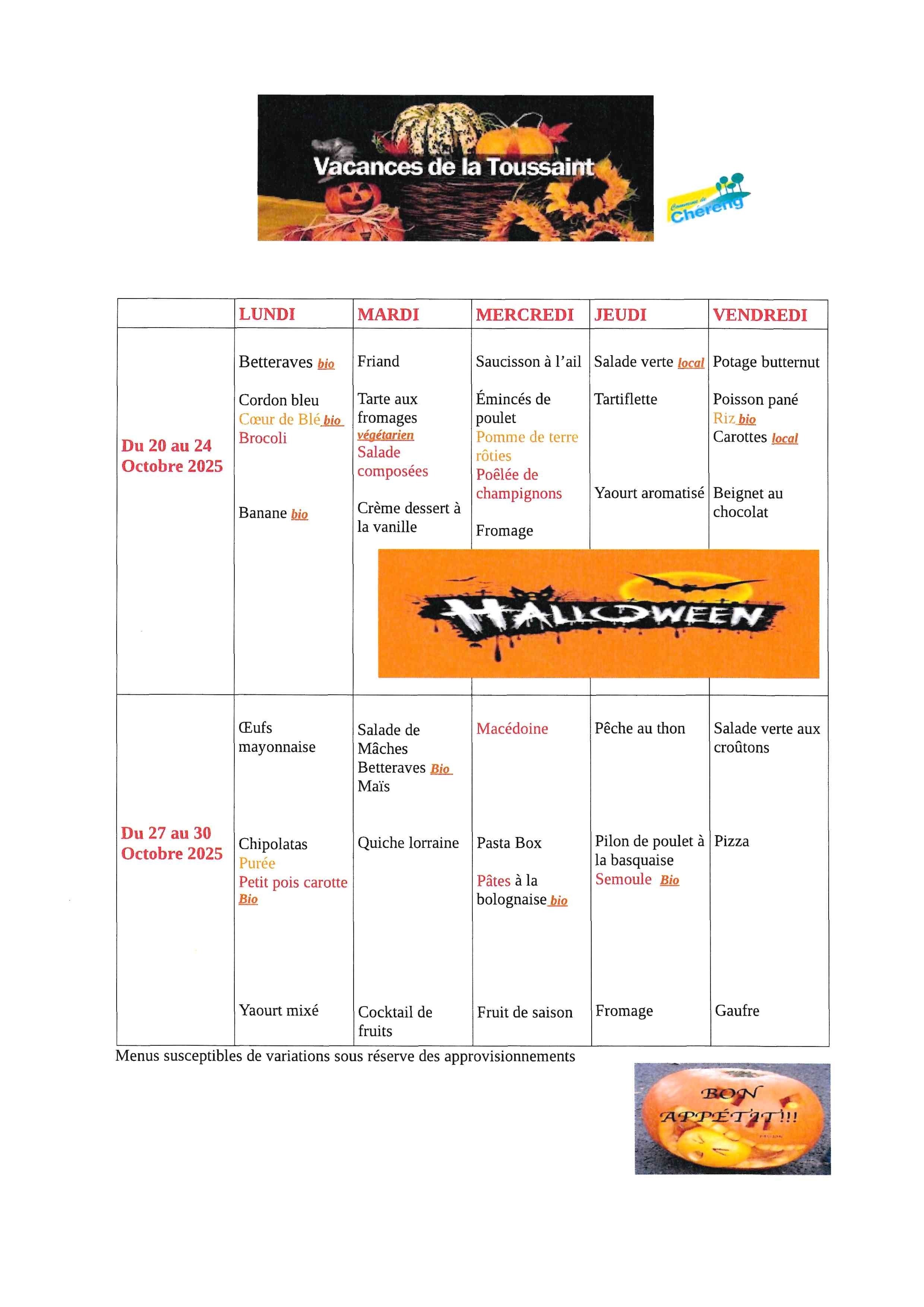 Menu ALSH automne 2025