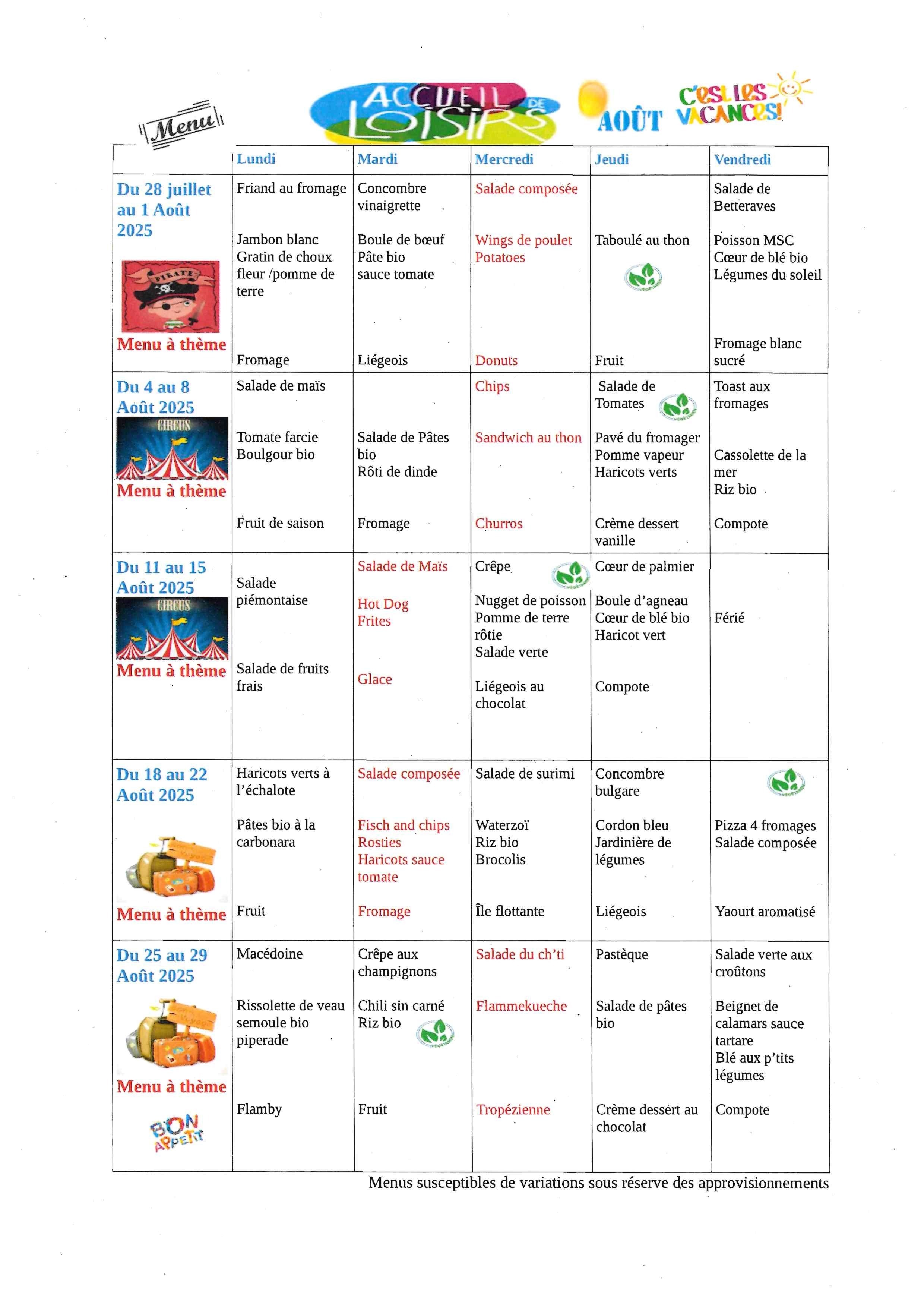 Menus ALSH Août 2025