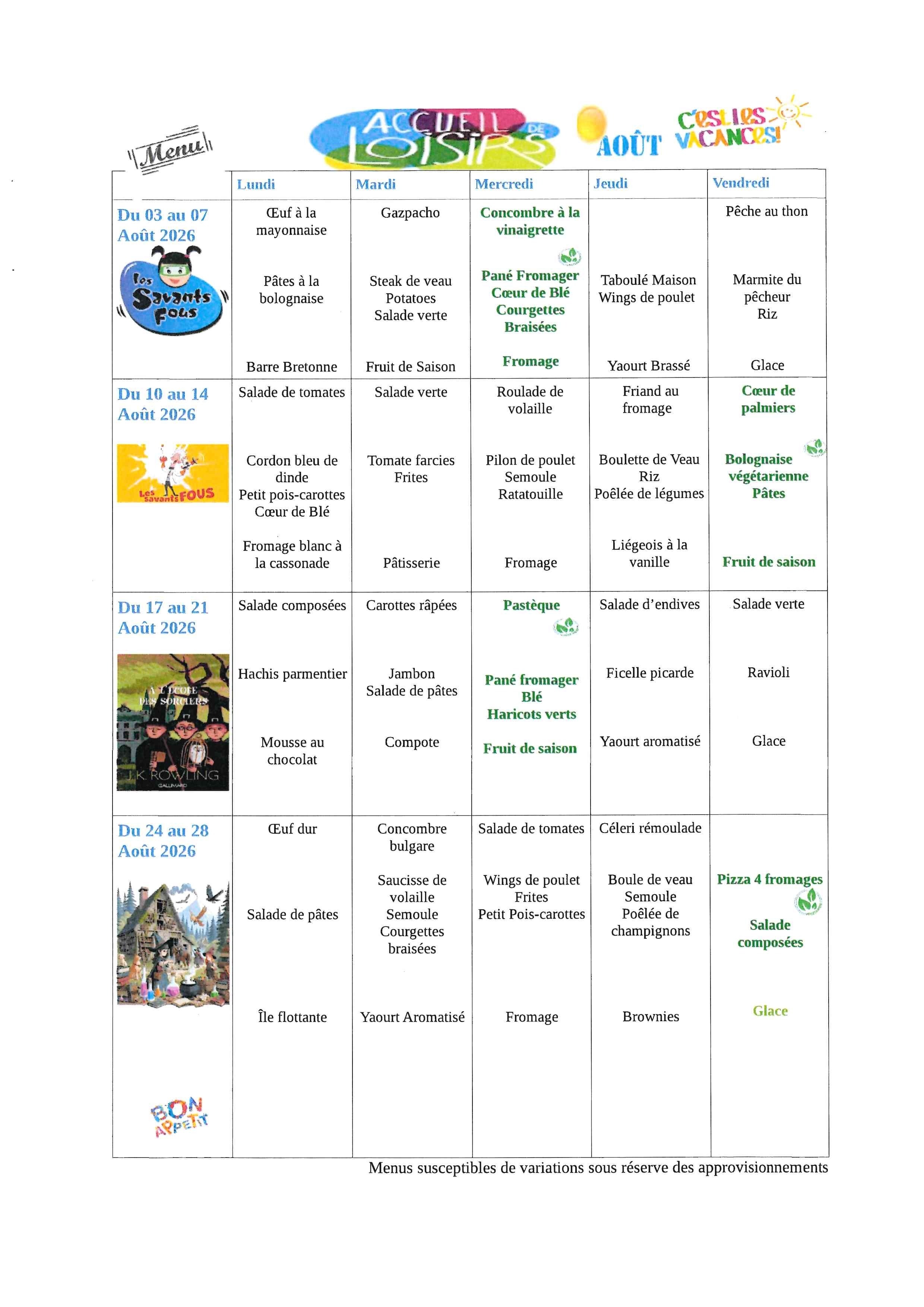 menus alsh été 2026 août