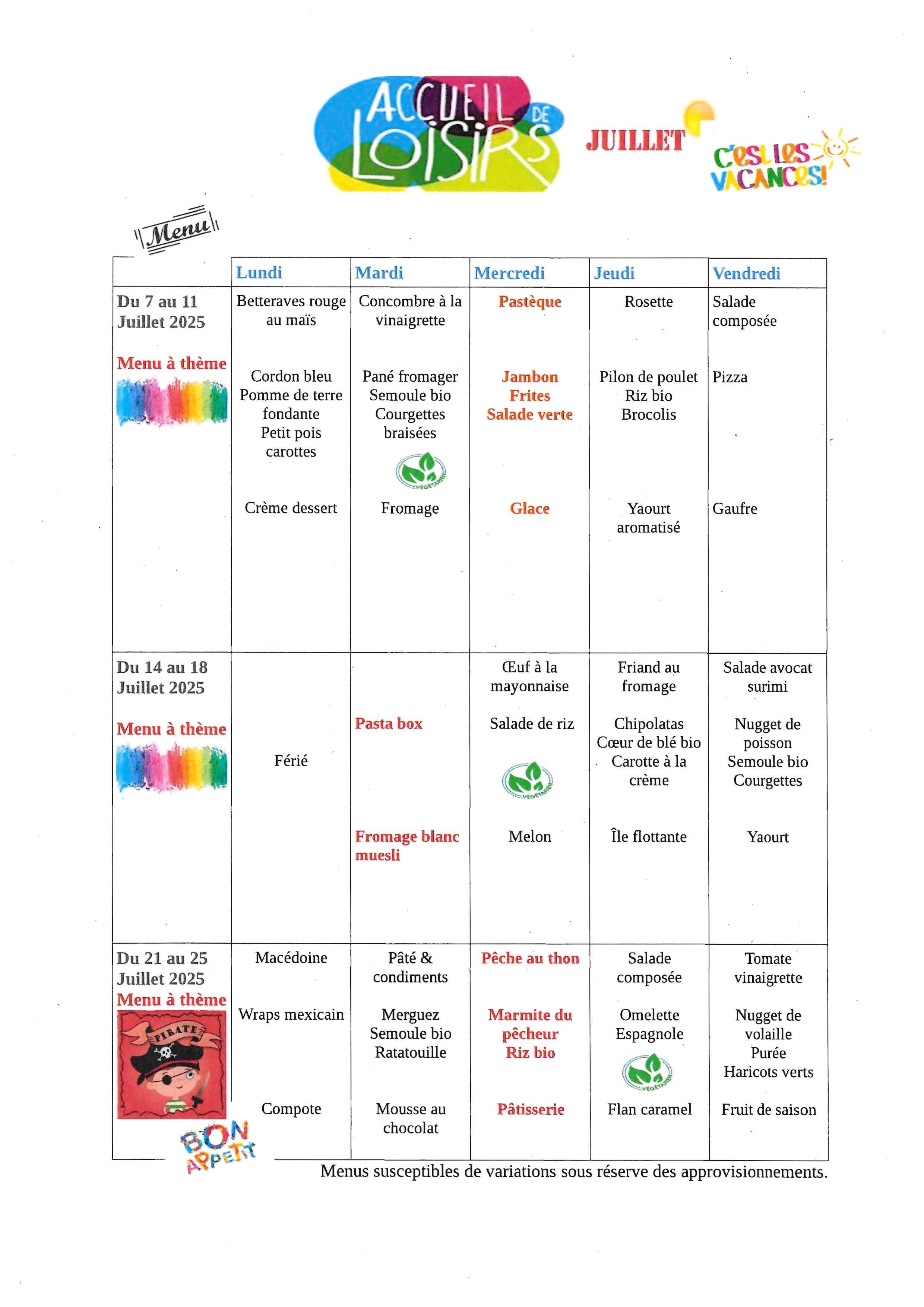 Menus ALSH juillet 2025