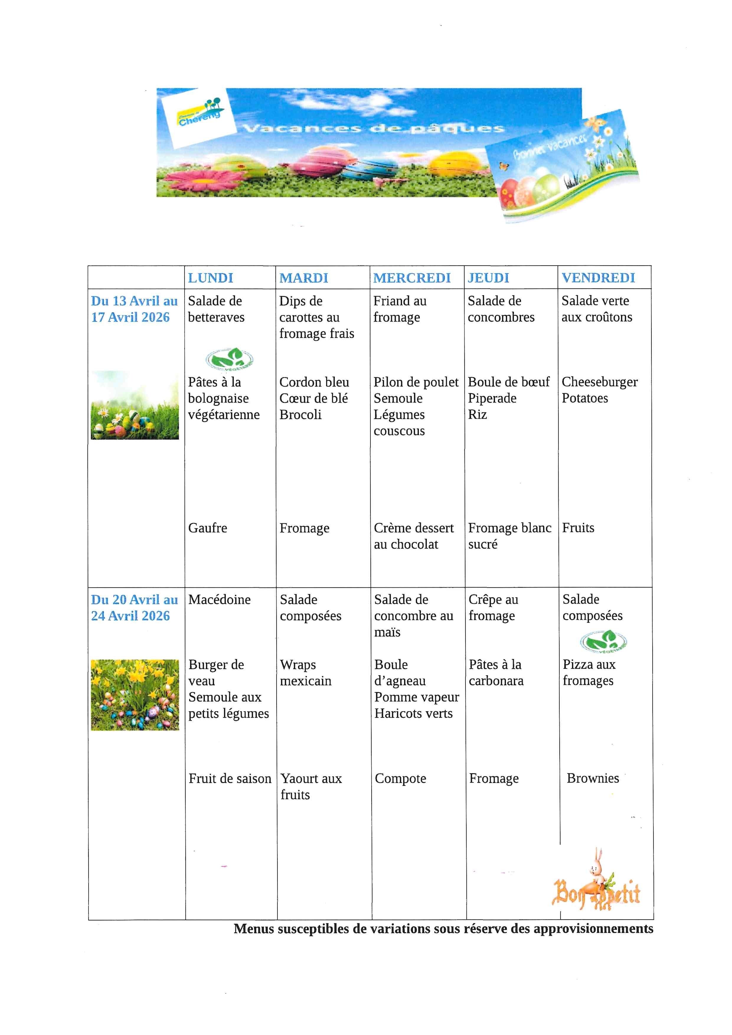 Menus ALSH Printemps 2026