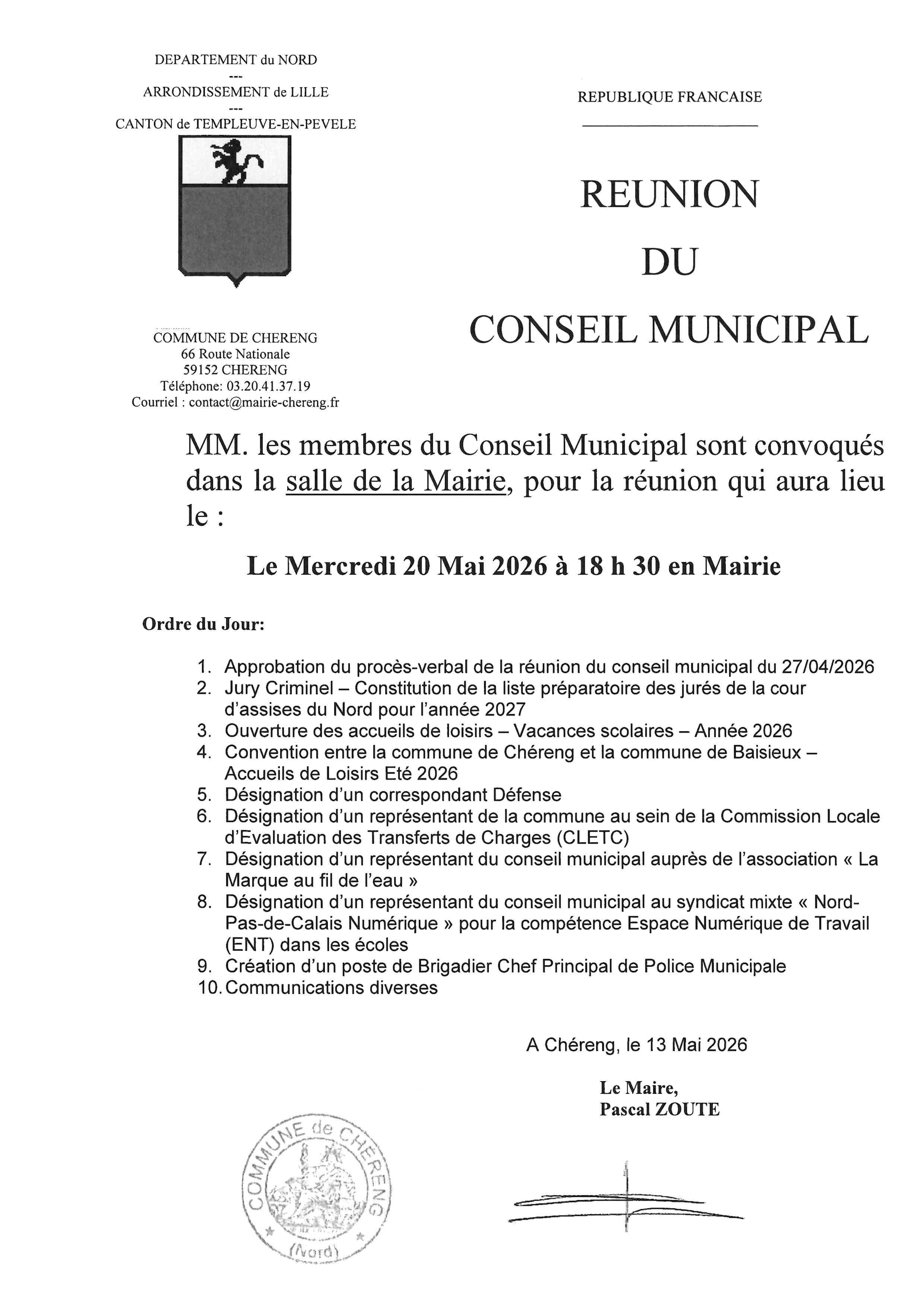 Ordre du jour - Réunion du conseil municipal du 20 mai 2026 à 18h30