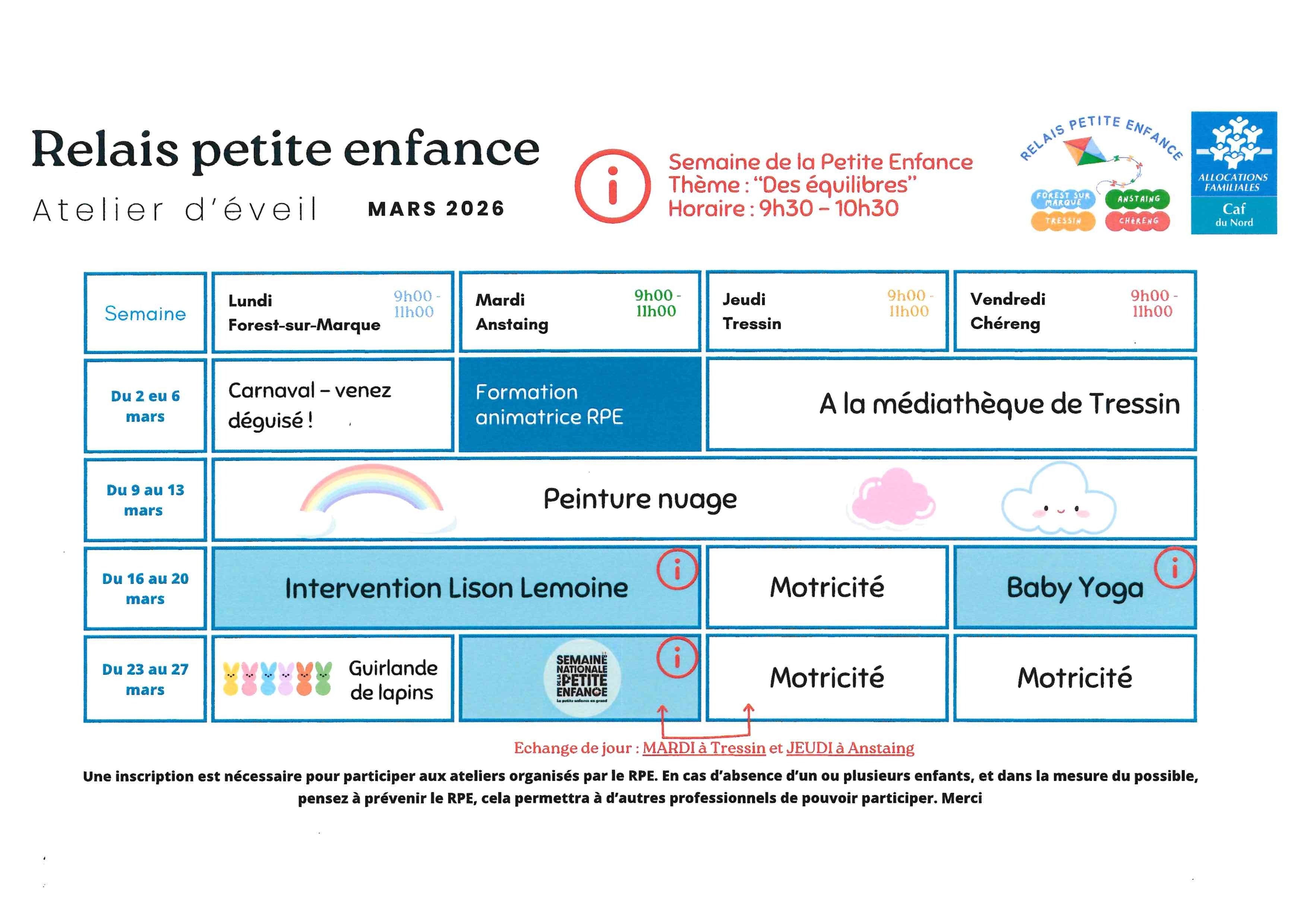 Planning activités RPE - Mars 2026